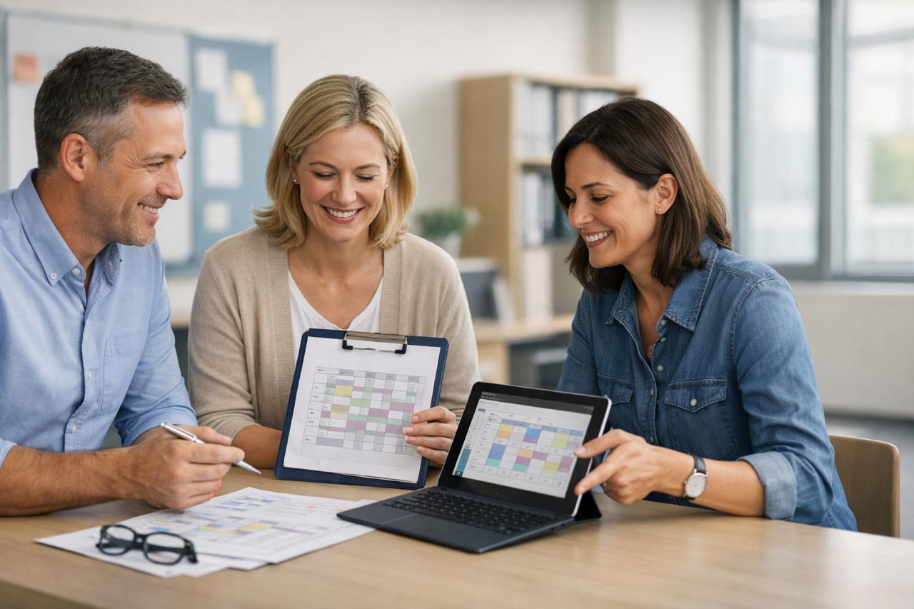 Lehrkräfte planen gemeinsam einen Aufsichtsplan mit Wochenübersicht und Vertretungslogik