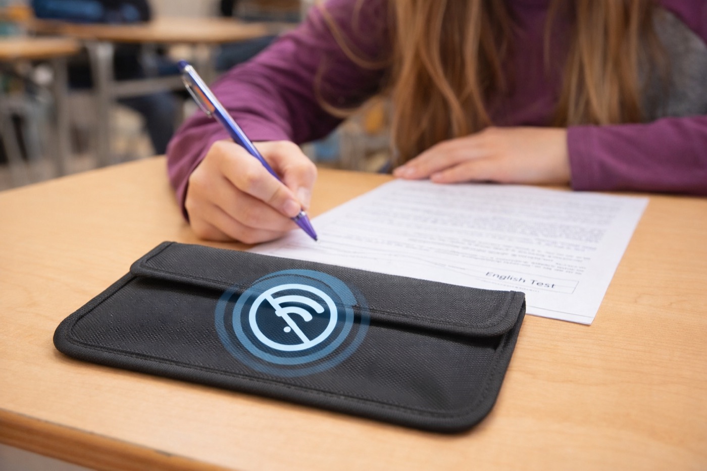 Schüler im Unterricht mit signalblockierender Tasche auf dem Tisch
