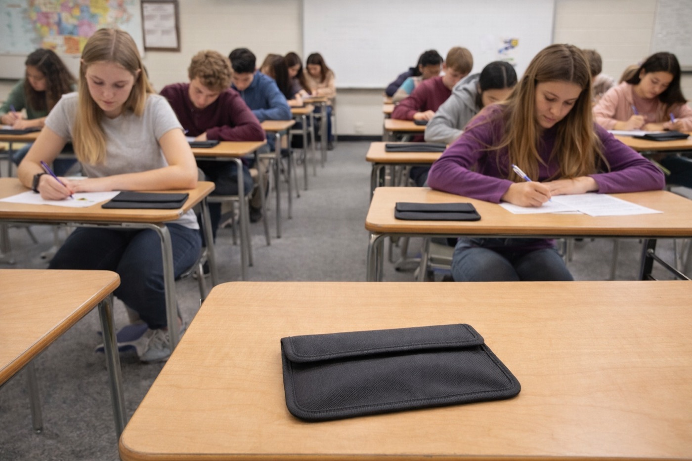 Nachher-Situation: konzentrierter Unterricht ohne aktive Smartphone-Signale