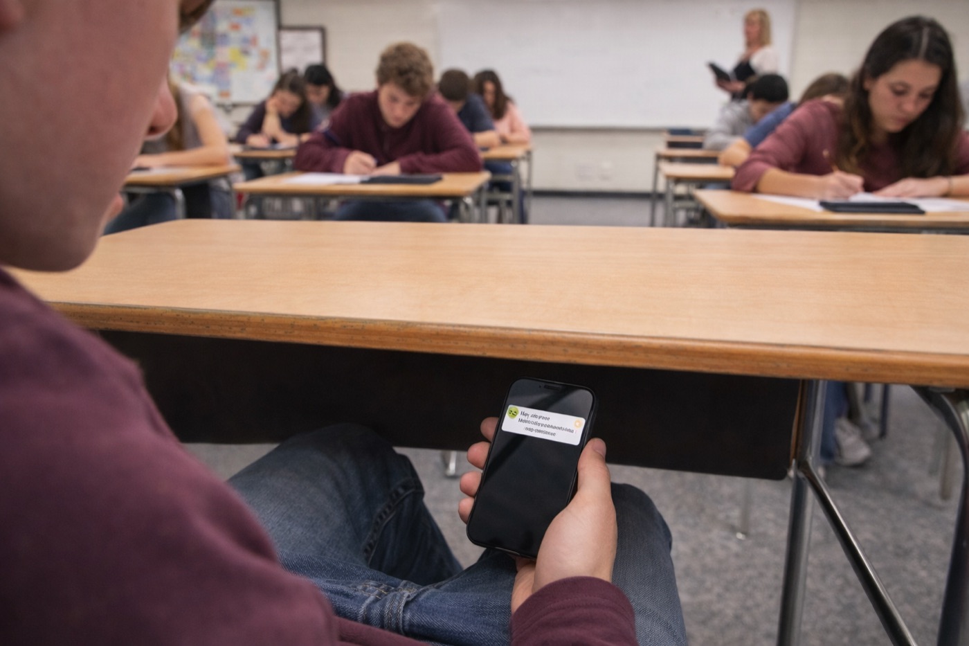 Vorher-Situation: Schüler schaut im Unterricht auf eine Nachricht unter dem Tisch