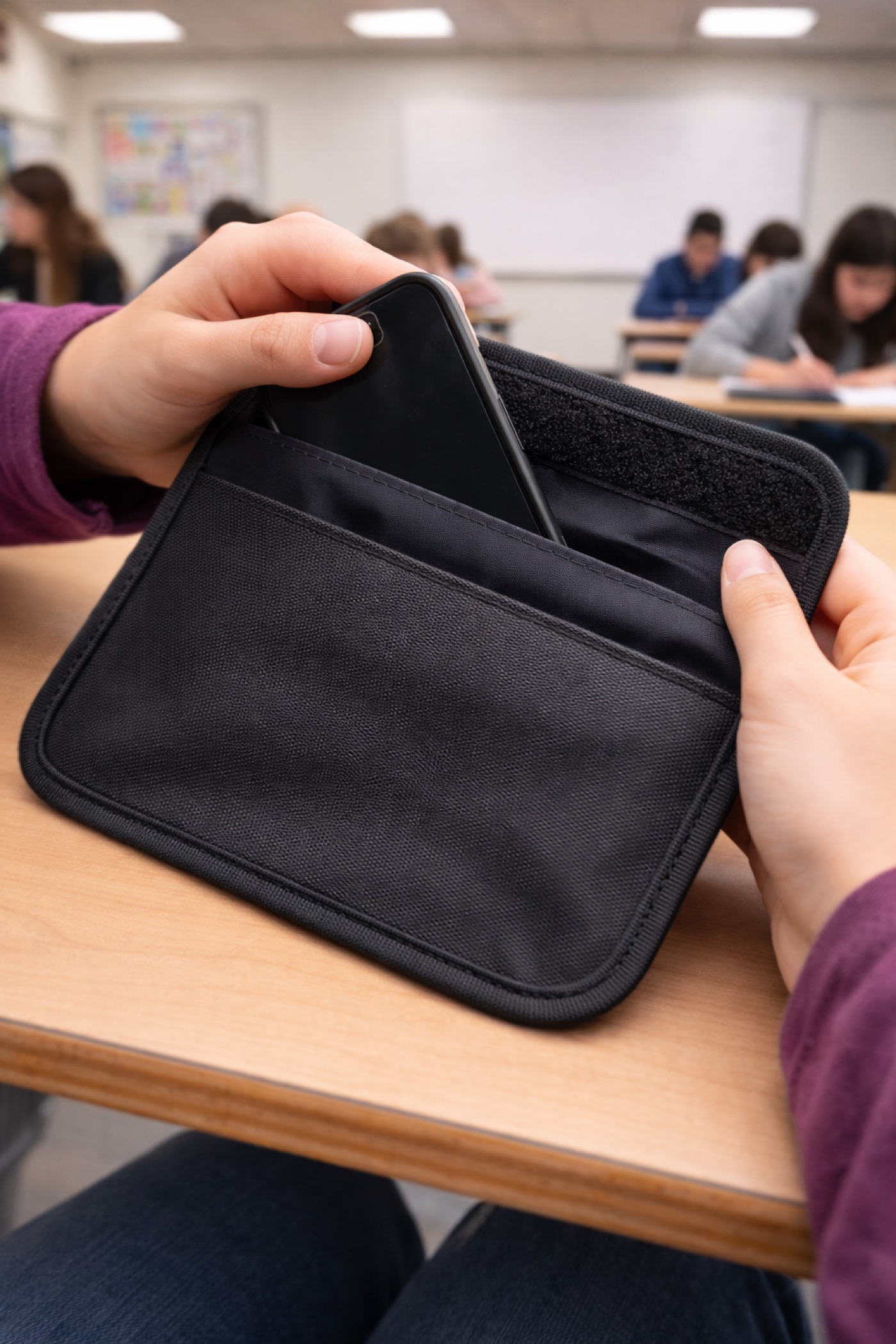 Schülerin steckt das Smartphone in die signalblockierende Tasche